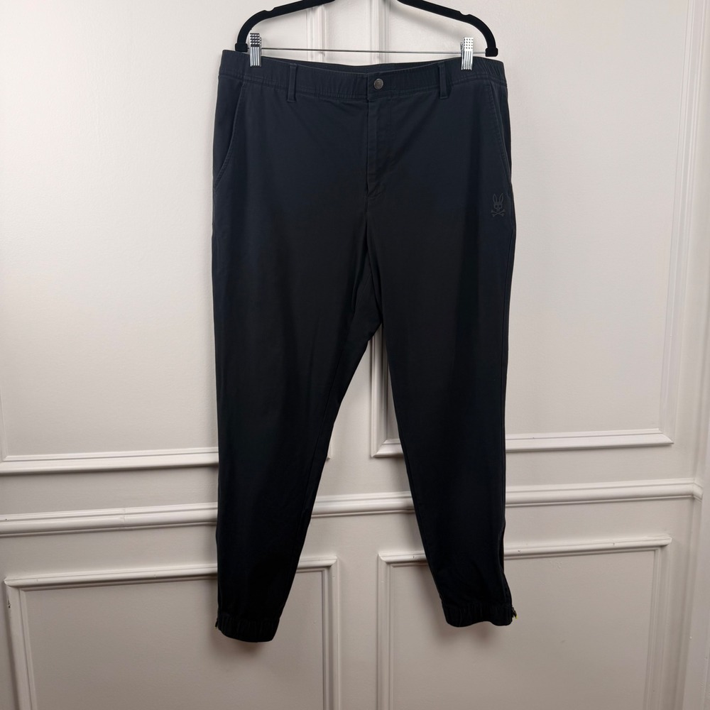 Psycho Bunny Mens Black Stretch Cotton Jogger Pants Size 38 Zip Ankle Cuffs